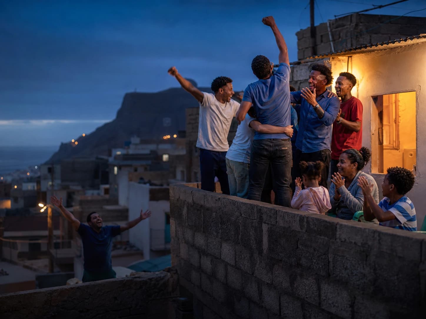 Adeptos cabo-verdianos celebram juntos num bairro ao anoitecer